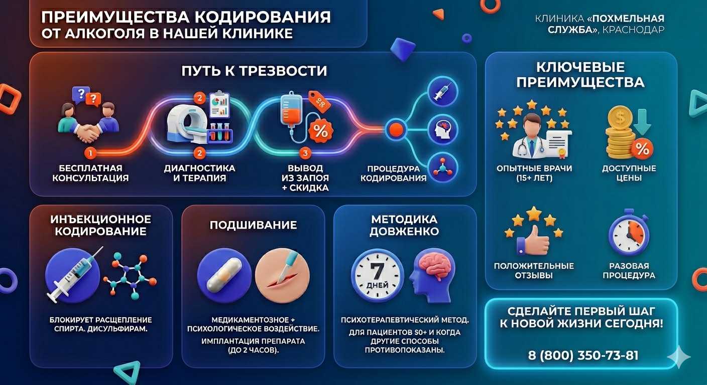 Инфографика о методах кодирования от алкоголя в Абатском: инъекции, подшивание, метод Довженко. Преимущества клиники и этапы лечения.